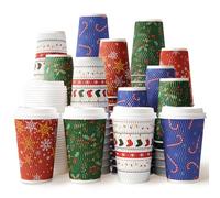 16 oz Christmas Disposable Coffee Cups with Lids, Christmas To Go Coffee Cups, Insulated Ripple Double-Walled Paper Cup for Hot Cocoa, Hot Chocolate, Drinks Supplies, Xmas Dinner Party (48 Pack)