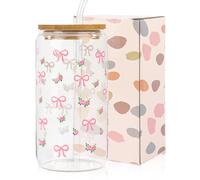 16 oz Pink Glass Cup with Lid and Straw, Iced Coffee Cup Birthday Gifts for Women Friends
