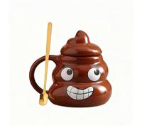 16 oz Poop-Shaped Ceramic Coffee Mug with Spoon and Lid, Brown Funny Gag Gift in Gift Box, Unique Fun Present for Birthdays, Christmas, Thanksgiving and Other Holidays (sinister smile)