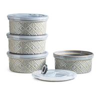 16 oz Ramekins with Lids Oven Safe, Ceramic Ramekins for Baking, Creme Brulee, Embossed Pudding Custard Ramekins for Souffle, Porcelain Baking Bowls Set of 4, Gray
