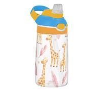 16 Oz Tritan Water Bottle for Kids Reusable 16 Oz Sports Water Bottle with Straw Portable Leak Proof Kid Cup, Carry Handle, Cute Cartoon Giraffes White