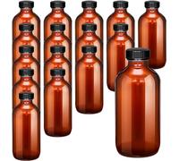 16 Pack Amber Glass Bottles with Lids, 240ML Reusable Round Glass Boston Bottle, Brown Dispensing Bottle for Essential Oils, Vanilla Extract, Potion, Juice, Ginger Shots, Whiskey, Liquids (8 Ounce)