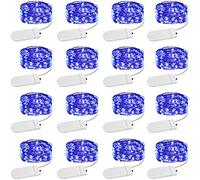 16 Pack Blue Fairy Lights: 10 ft, 30 Led Mason Jar Lights - Waterproof, Battery Operated Silver Wire Mini String Lights for Crafts Bottle Vase Centerpieces Flower Garland Party Decor