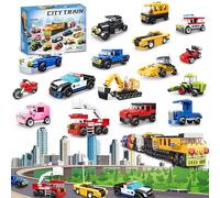 16 Pack Building Blocks Party Favors for Kids, 2 in 1 710pcs Creative Building Kits Mini City Vehicles include Police Car & Train, Christmas Toy Gifts Goodie Bag Fillers Stuffers for Boys Girls Kids