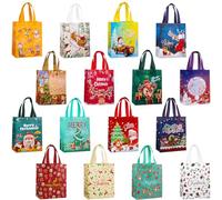 16 Pack Christmas Bags Medium, Reusable Waterproof Christmas Tote Bags with Handle, 21x12x26 cm Adorable Xmas Eve Bag, Durable Xmas Bag for Presents, Party, Shopping(16 Various Patterns)