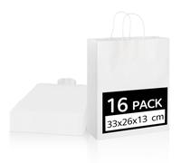 16 Pack Large Paper Bag White Kraft Paper Party Bags Thick Present Bags with Handles - Perfect for Kids Parties, Birthdays, Baby Showers (33 x 26 x 13 cm)