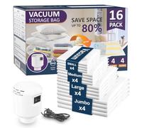 16 Pack Vacuum Storage Bags with Electric Air Pump, 4 jumbo, 4 large, 4 Medium, 4 Small Travel Clothes Space Saver Bags, Compression Airtight Seal Bags for Clothes, Pillows, Comforters, Blankets