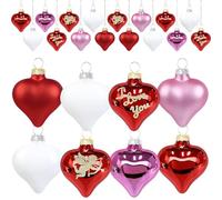 16 Pack Valentine's Day Tree Glass Heart Ornaments 2.8" Glitter Red Pink White Valentines Day Ornaments Heart Shaped Baubles for Romantic Valentine Gift Anniversary Wedding Holiday Hanging Tree Decor
