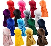 16 Pack Velvet Durags Bulk for Men with Wide Straps Long Tail Durag Caps 360 Waves Doo Rags Satin for Unisex Daily Wear