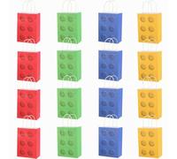 16 Packs Building Block Gift Bags with Handles, 22x16x8 cm Red Green Blue Yellow Gift Bags with Twist Handles for Kids or Adults in Birthday party, Weddings, Events or Shopping (building block)