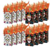 16 Packs Day of The Dead Gift Bags with Handles Dia De Los Muertos Candy Bags Sugar Skull Goodie Cookie Treat Bags with Tissue Paper for Halloween Decorations Mexican Fiesta Party Favors Supplies