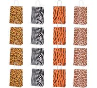 16 Packs Jungle Animals Gift Bags with Handles, 21x15x8 cm Cow Zebra Tiger Leopard Print Bags for Kids or Adults in Birthday party, Weddings, Events or Shopping (jungle animals print)