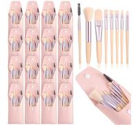 16 Packs Mini Makeup Brushes Travel Set - Each Set Contains 8-Piece Portable Travel Size Makeup Brushes with Light Pink Leather Pouches for Wedding Party Favors Bridesmaid Gifts Bachelorette
