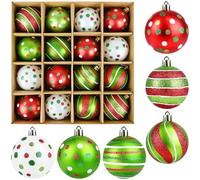16 Pcs 2.36 Inch Christmas Ball Ornaments, Decorative Hanging Ball Bulk, Plastic Shatterproof Grinch Ornaments for Christmas Tree, Glittering Red Green White Christmas Ornaments for Xmas Tree, Party