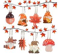 16 Pcs 6cm Autumn Decorations, Wooden Hanging Tree Ornaments with with Maple Leaves, Acorn and Mushroom,Pendants for Harvest Fall or Halloween Home Decor