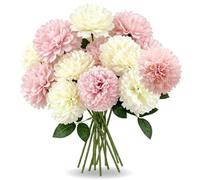 16 Pcs Artificial Chrysanthemum & Hydrangea Style Flowers, 28cm Silk Faux Ball Flowers with Leaves, Pink & Cream White Artificial Flower Stems for Home Table Centrepieces, Vase, Wedding & Party Décor