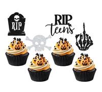 16 PCS Black Glitter Rip Teens Cupcake Toppers, Coffin Skull Skeleton Hand Tombstone Halloween Sweet 16 Birthday Party Decorations Supplies