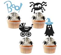 16 PCS Blue Glitter Boo! Cupcake Toppers, A Baby is Brewing/A Little Boo is Almost Due, Halloween Baby Shower Gender Reveal Party Decorations Supplies for Boys