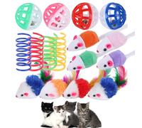16 Pcs Cat Mice Toys,Cat Mouse Toys for Indoor Cats,Wee Kitten Mice Rattle,Interactive Cat Toy,Cat Toy Ball with Bell,Cat Pom Poms,Spring Cat Toys Playing Chewing Teeth Cleaning Realistic Toy