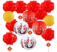 16 Pcs Chinese Japanese Paper Lantern Chinese Red Paper Lantern Cherry Blossom Decorative Hanging Lanterns for National Day Chinese New Year Spring Festival Home Restaurant Party Decor