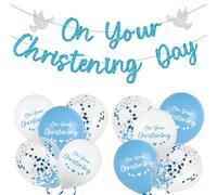 16 Pcs Christening Latex Balloons First Communion Glitter Banner Blue Decorations for Boys On Your Christening Day Fairy Cross Birthday Party Supplies