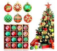 16 Pcs Christmas Baubles Set - Green Glitter Plastic Shatproof Ornaments, Weatherproof for Indoor & Outdoor Xmas Tree Decorations (Traditional Red)