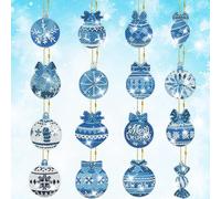 16 Pcs Christmas DIY Diamond Painting Keychain,5D Double Sided Full Drill Diamond Keyrings,Xmas Blue White Christmas Balls Diamond Art Craft Kits Key Rings for Kids Adults,Purse Key Bag Pendant Decor