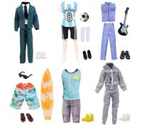 16 Pcs Clothes and Accessories Compatible with Ken = 6 Tops + 6 Trousers + 6 Shoes + 1 Glasses + 1 Football + 1 Trophies + 1 Surfboard for 12 inch Boy Dolls