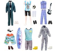 16 Pcs Clothes and Accessories Compatible with Ken12Inch Boy Doll = 6 Tops + 6 Trousers + 6 Shoes + 1 Glasses + 1 Football + 1 Trophies + 1 Surfboard for 12 inch Boy Dolls