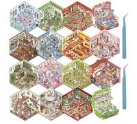 16 Pcs DIY 3D House Stickers Set Reusable PET 3D Cartoon Scene Stickers with 2 Tweezers Make Your Own Mini Room Scenes for Decoration