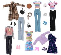 16 Pcs Doll Clothes and Accessories Compatible with Barbie,1 Plaid Coat Set 1 Winter Set 1 Sports Set 1 Skirt and Coat 2 Casual Wear 1 Bags 6 Shoes 2 Hat 1 Scarf In Random, for Girl