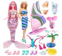 16 Pcs Doll Clothes and Accessories Set Compatible with Barbie Mermaid Themed Sequinned Dress 4 Swimwear Set Sailing Boat Surfboard Diving Kit 5 Shoes 2 Swimming Ring 2 Sunglasses for Kids Girls Gift
