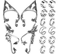 16 Pcs Elf Ear Cuffs Silver Piercing Ear Cuff Earrings Stylish Metal Sliver Colored Gothic Stud Earrings for Costume Cosplay (Elf Angel Demon Style)