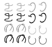 16 PCS Fake Lip Piercing Set, C Shape Fakes Lip Ring Fake Nose Rings Faux Nose Ring, Fakes Lips Piercing Suitable for Birthday and Anniversaries to Give to Family Friends Classmates (Silver, Black)
