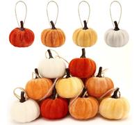 16 Pcs Fall Thanksgiving Hanging Ornaments, Autumn Velvet Fabric Wrapped Pumpkin Pendant for Farmhouse Harvest Halloween and Home Party Decor