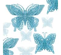 16 PCS Glitter Christmas Tree Butterfly Ornaments, 2 Styles Hollow Butterfly Christmas Decorations with Clips, Artificial Butterfly Ornaments Decoration for Christmas Tree, Holiday Crafts - Sky Blue