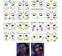 16 Pcs Glow-in-the-Dark Neon Face Tattoos - UV Blacklight Temporary Tattoos Stickers with Flower & Butterfly Designs, Ideal for Glow Party Makeup & Supplies