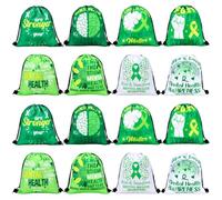 16 Pcs Green Ribbon Mental Health Awareness Gifts Drawstring Backpack Bulk | Green Ribbon Mental Health Awareness Favours for Women Man Public Charity