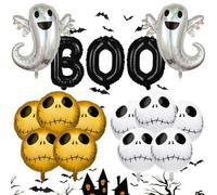 16 PCS Halloween Balloons, Large Ghost Foil Balloons,16-18 Inch Black White Gold Smiley Face Skull Skeletons Circular Aluminum Foil-balloons Halloween Party Decorations for Kids