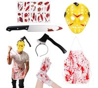 16 Pcs Halloween Costumes Set for Men Adult and Teen dress Size Butcher Killer fake Dark red Axe, Mask, Gloves, Knife, and Scar Tattoo 6 Stickers Spooky Parties and Horror Cosplay, One Size Fits All