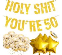 16 Pcs Happy 50th Birthday Banner Kit, Gold Glitter 50th Birthday Decorations Banner for Women Men ,50th Birthday and Anniversary Party Decorations with Balloons And Ribbon