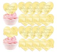 16 Pcs Happy Valentine's Day Cupcake Toppers Acrylic Heart Cake Topper Gold Cake Decorations, Mirror Engraved Happy Valentine's Day for Valentines Wedding Anniversary Birthday Party Cake Decor