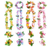 16 Pcs Hawaiian Garland Set, Hawaiian Flower Necklace, Hawaiian Party Decorations, Colorful Flower Necklace Hawaii for Beach Dance for Adults Kids Tropical Party Decorations