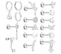 16 PCS Helix Piercing Jewellery Set, Silver Flat Back Studs Conch Piercing Jewellery Conch Hoop, Tragus Earrings with Flat Backs for Daily Wear Outdoor Activities and Gift Giving
