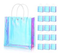 16 Pcs Holographic Small Gift Bag Iridescent Clear Reusable Birthday Gift Bags with Handle-PVC Plastic Goodie Handbag for Women Girls Iridescent Bachelorette Wedding Christmas(7.87" x 7.87" x 3.94")