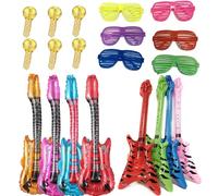 16 Pcs Inflatable Instruments Props, Inflatable Musical Toy Set with Inflatable Microphone Radio Guitar Shutter Shading Glasses Sunglasses Bass, Party Decoration Balloon with Colored Glasses