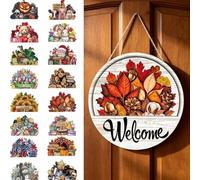 16 PCS Interchangeable Welcome Sign for Front Door, Magnetic Wood Hanging Sign with 16 Changeable Icons, Rustic Farmhouse Wreath Decor for Holidays and Housewarming Gift