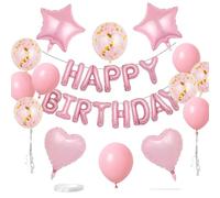 16 Pcs Pastel Pink Birthday Decorations, 3D Pastel Pink Foil Black Happy Birthday Balloon Banner, Pentagram Heart Foil Balloons Kit For Boys Girls Party Supplies