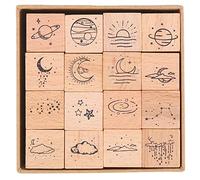 16 Pcs Planet Moon Stars Cloud Wooden Rubber Stamp Set, Vintage Planet Moon Cloud Decoration Stamp for Scrapbooking Stationery DIY Craft Standard Stamp