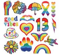 16 PCS Rainbow Color Iron on Patches Embroidered Stickers Iron on Sew on Applique Patches for Backpacks Pants Clothes Jeans Dress Hat Vests Coat Uniforms DIY Decoration Bags Jackets